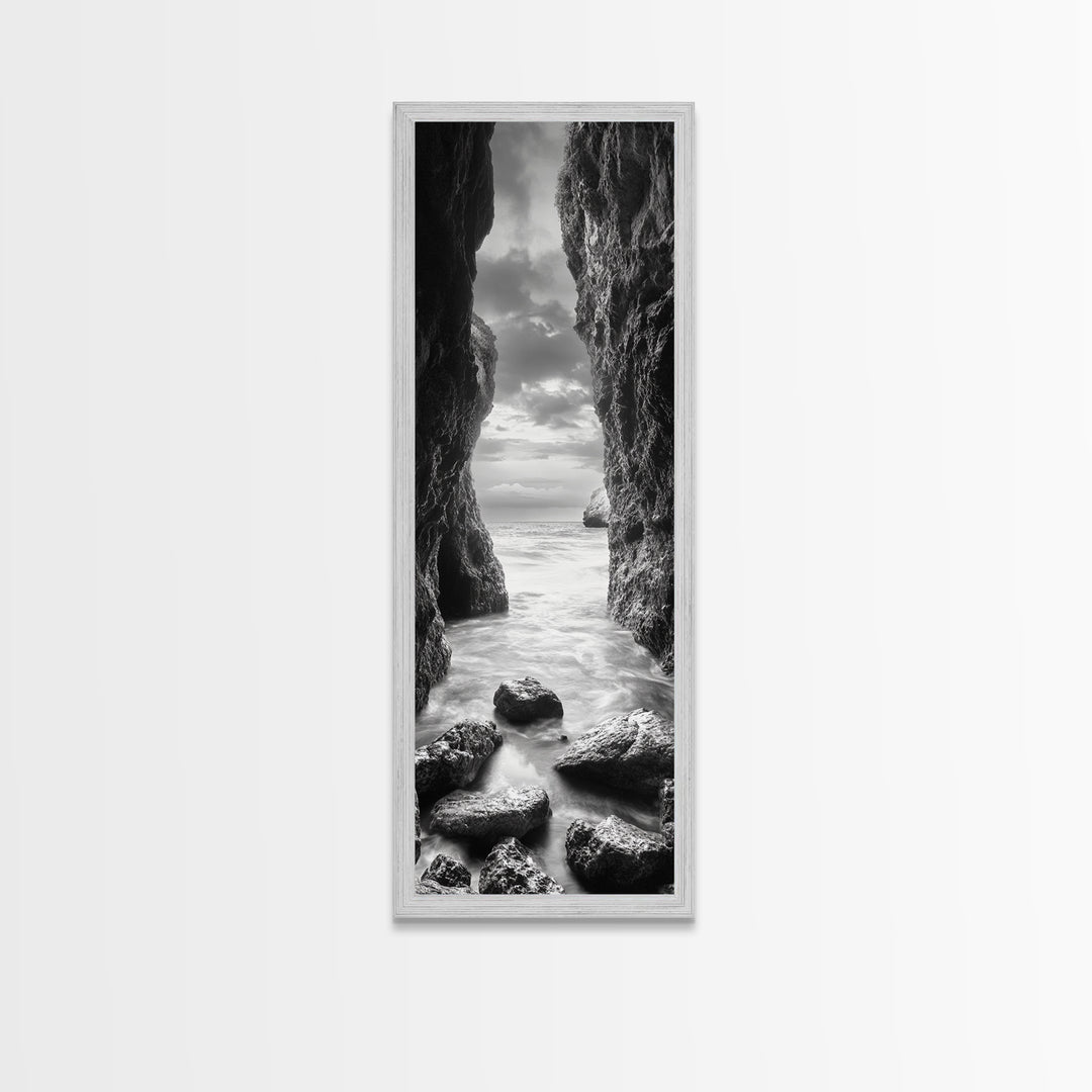 Rocky Passage, Seaside View, Cave Entrance, Dramatic Nature Scene, Framed Canvas Print, Moody Black and White Bedroom Wall Art, Hallway Decor