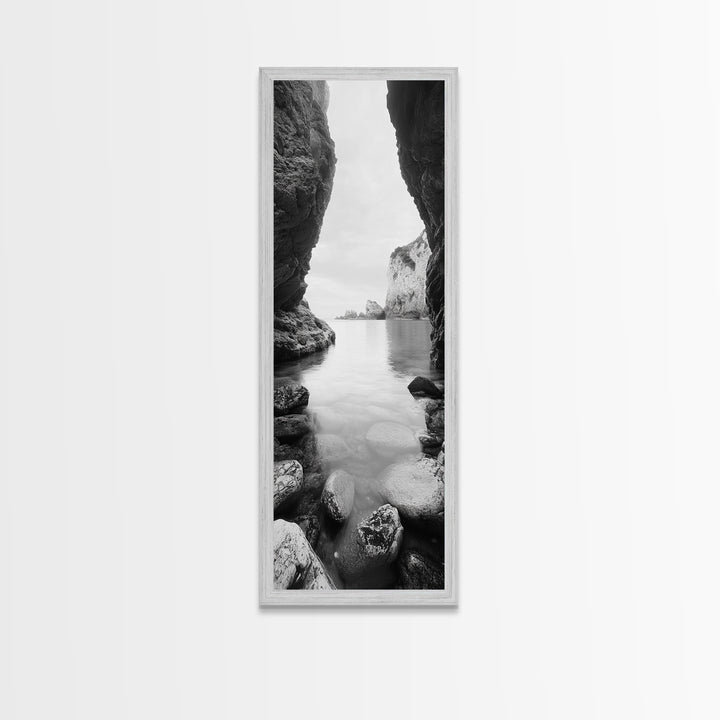 Cliff View, Hidden Bay, Ocean Serenity, Rock Formations, Canvas Print, Black and White Coastal Landscape, Entryway Art, Dining Wall Art