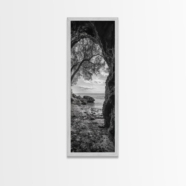Cave View, Coastal Tree, Ocean Horizon, Black and White Landscape, Canvas Print, Rustic Seaside Art, Living Room Art, Entry Wall Decor