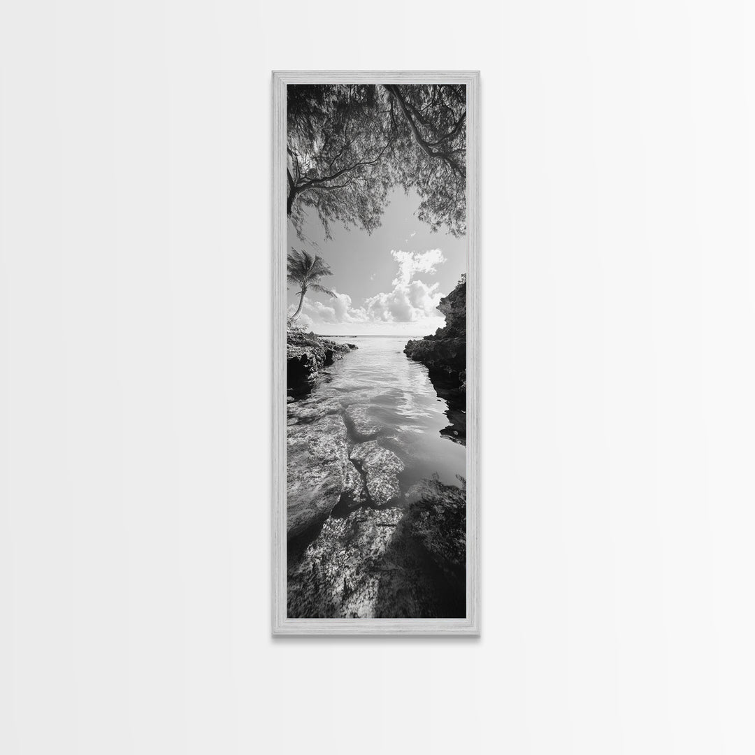 Island Cove, Palm Tree, Peaceful Sea, Tropical Coastline, Black and White Framed Canvas Print, Boho Beach Wall Art, Bathroom Decor