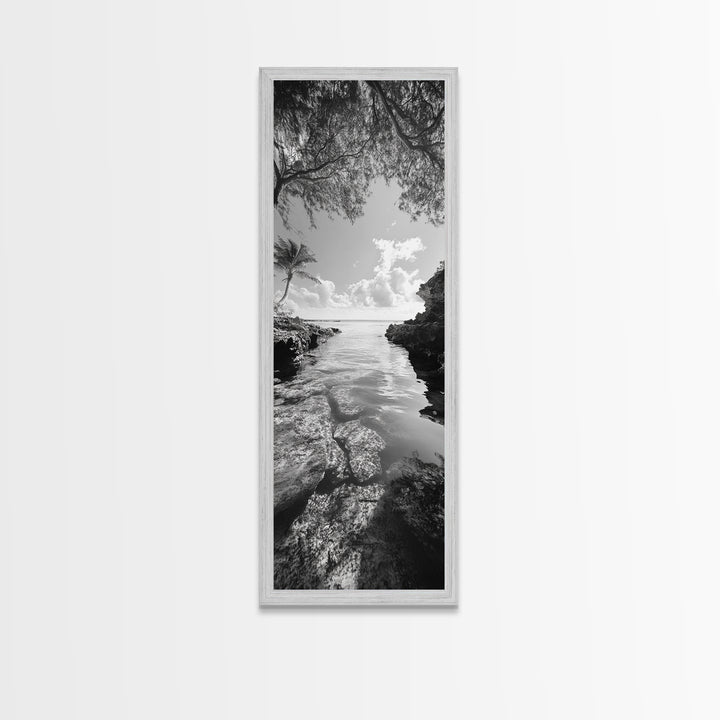 Island Cove, Palm Tree, Peaceful Sea, Tropical Coastline, Black and White Framed Canvas Print, Boho Beach Wall Art, Bathroom Decor