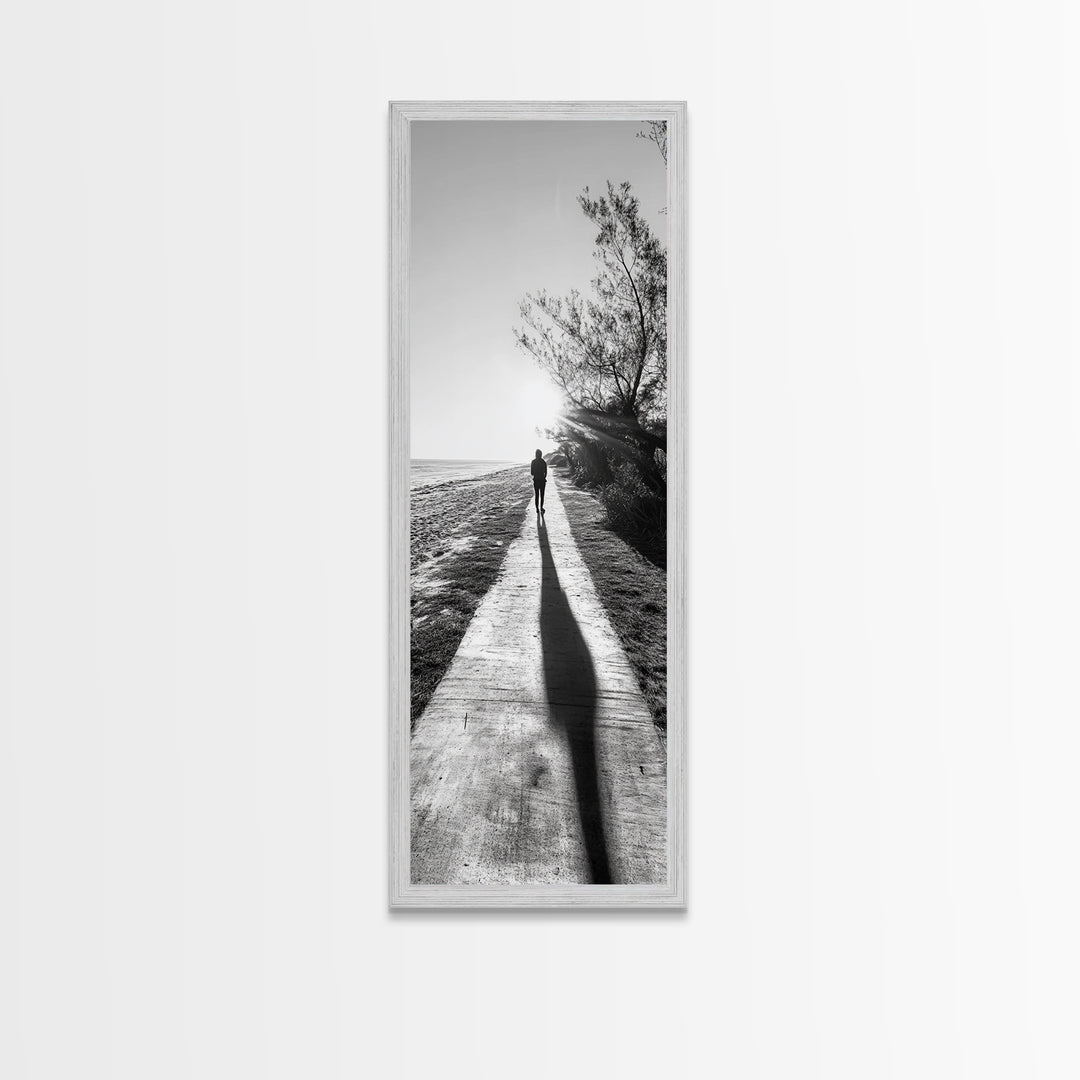 Walkway Shadows, Coastal Path, Minimalist Silhouette, Black and White Art, Framed Canvas Print, Hallway Decor, Calm Modern Wall Art