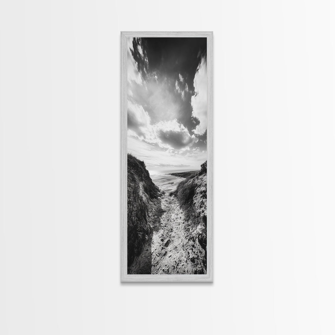 Cliffside Horizon, Beach Escape, Black and White Nature, Framed Canvas Print, Coastal Wall Art, Entryway Decor, Minimalist Aesthetic