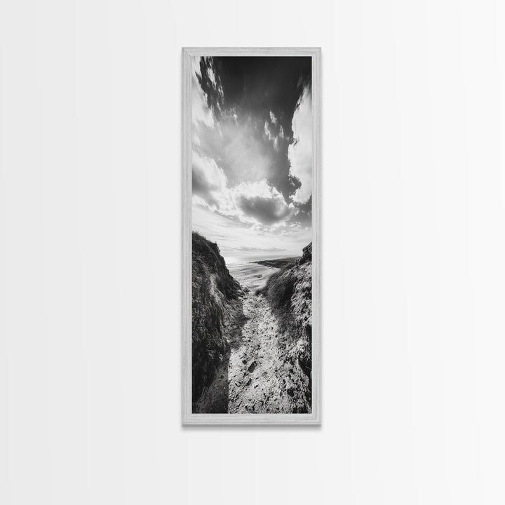 Cliffside Horizon, Beach Escape, Black and White Nature, Framed Canvas Print, Coastal Wall Art, Entryway Decor, Minimalist Aesthetic