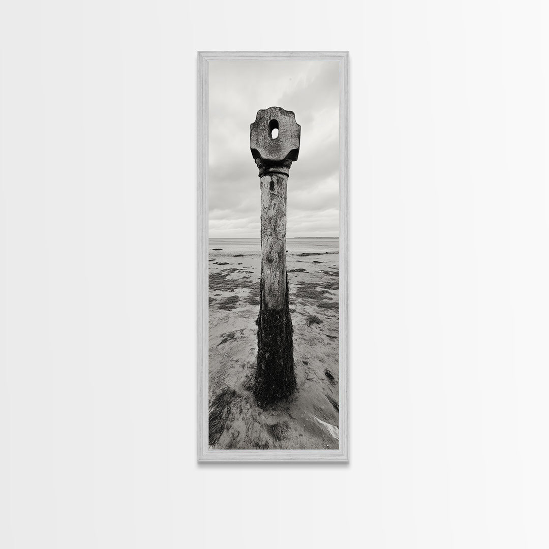 Driftwood Totem, Coastal Pillar, Ocean Beach Monochrome, Framed Canvas Print, Rustic Wall Art, Boho Bedroom Decor, Nature Photography