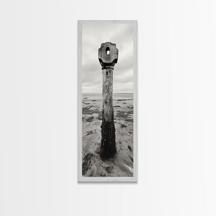 Driftwood Totem, Coastal Pillar, Ocean Beach Monochrome, Framed Canvas Print, Rustic Wall Art, Boho Bedroom Decor, Nature Photography