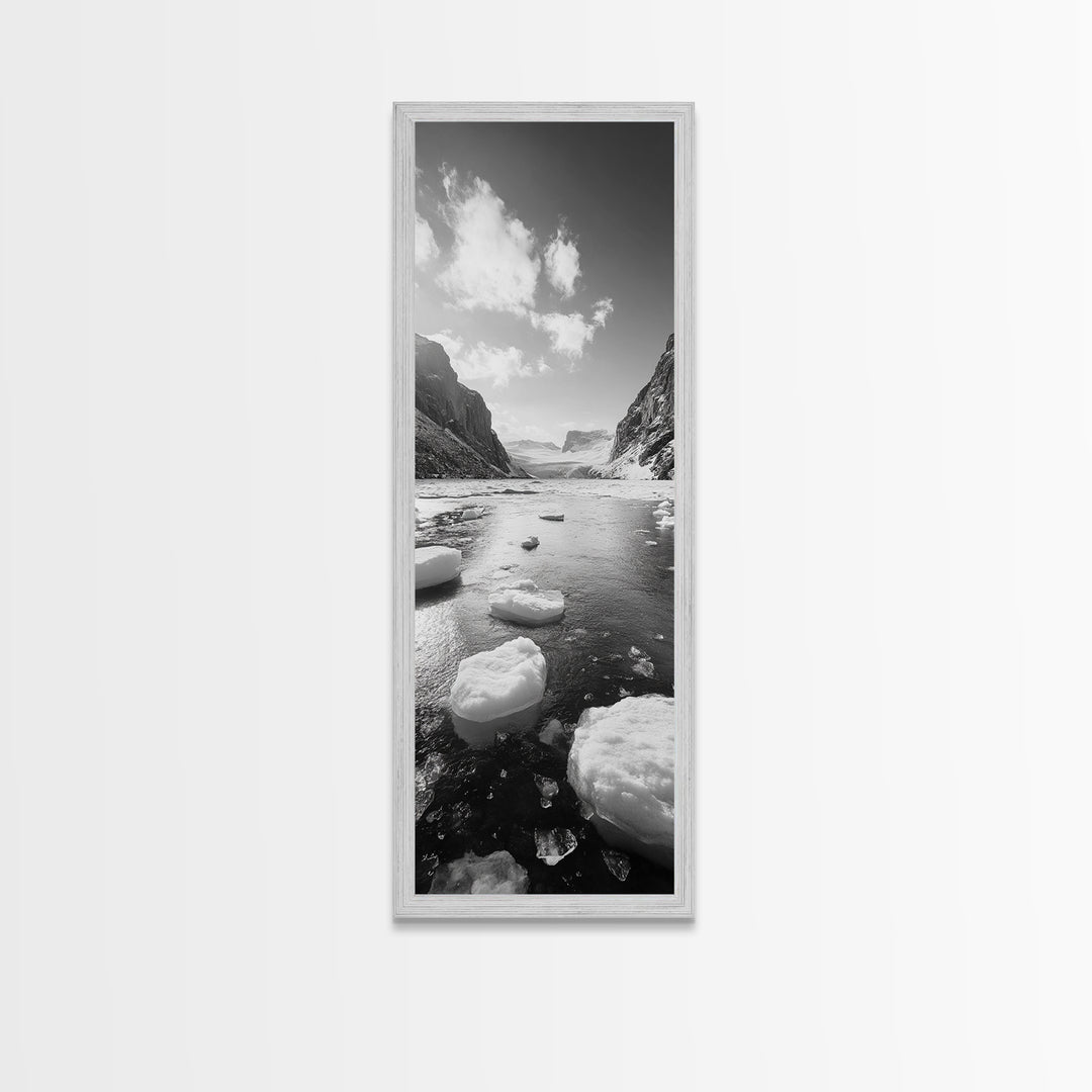 Arctic River, Snowy Mountains, Glacier Melt, Framed Canvas Print, Winter Landscape Art, Modern Living Room Decor, Nordic Aesthetic