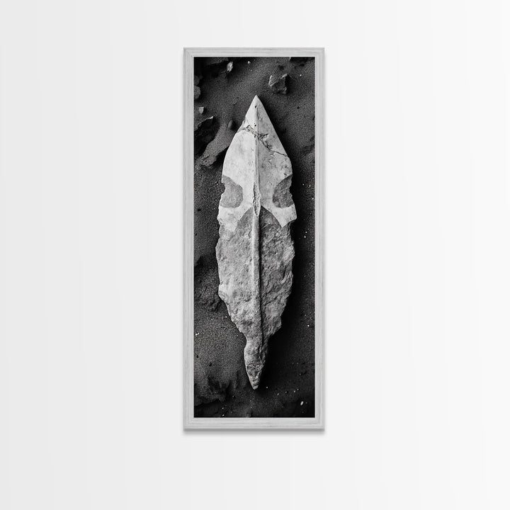 Ancient Arrowhead, Primitive Stone, Monochrome Artifact, Framed Canvas Print, Masculine Office Art, Boho Study Decor, Earthy Design