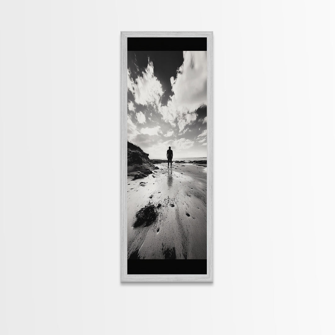 Lone Beach Walker, Dramatic Sky, Ocean Reflections, Solitude Moment, Framed Canvas Print, Hallway Wall Art, Moody Minimalist Decor
