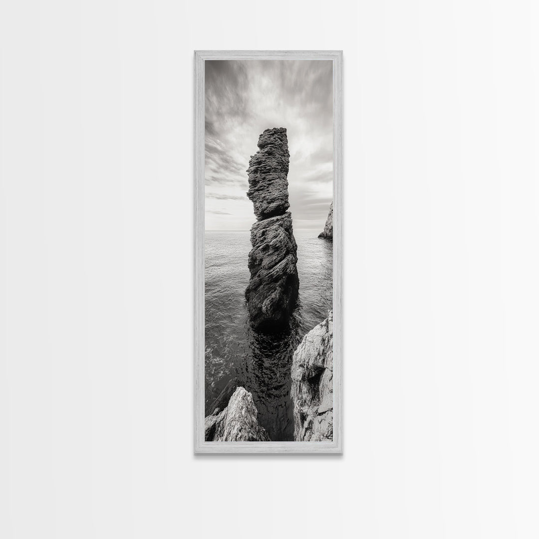 Coastal Rock, Ocean Tower, Nature Photography, Framed Canvas Print, Minimalist Wall Decor, Living Room Wall Art, Black and White Seascape