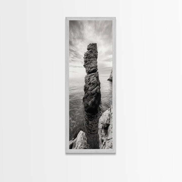 Coastal Rock, Ocean Tower, Nature Photography, Framed Canvas Print, Minimalist Wall Decor, Living Room Wall Art, Black and White Seascape