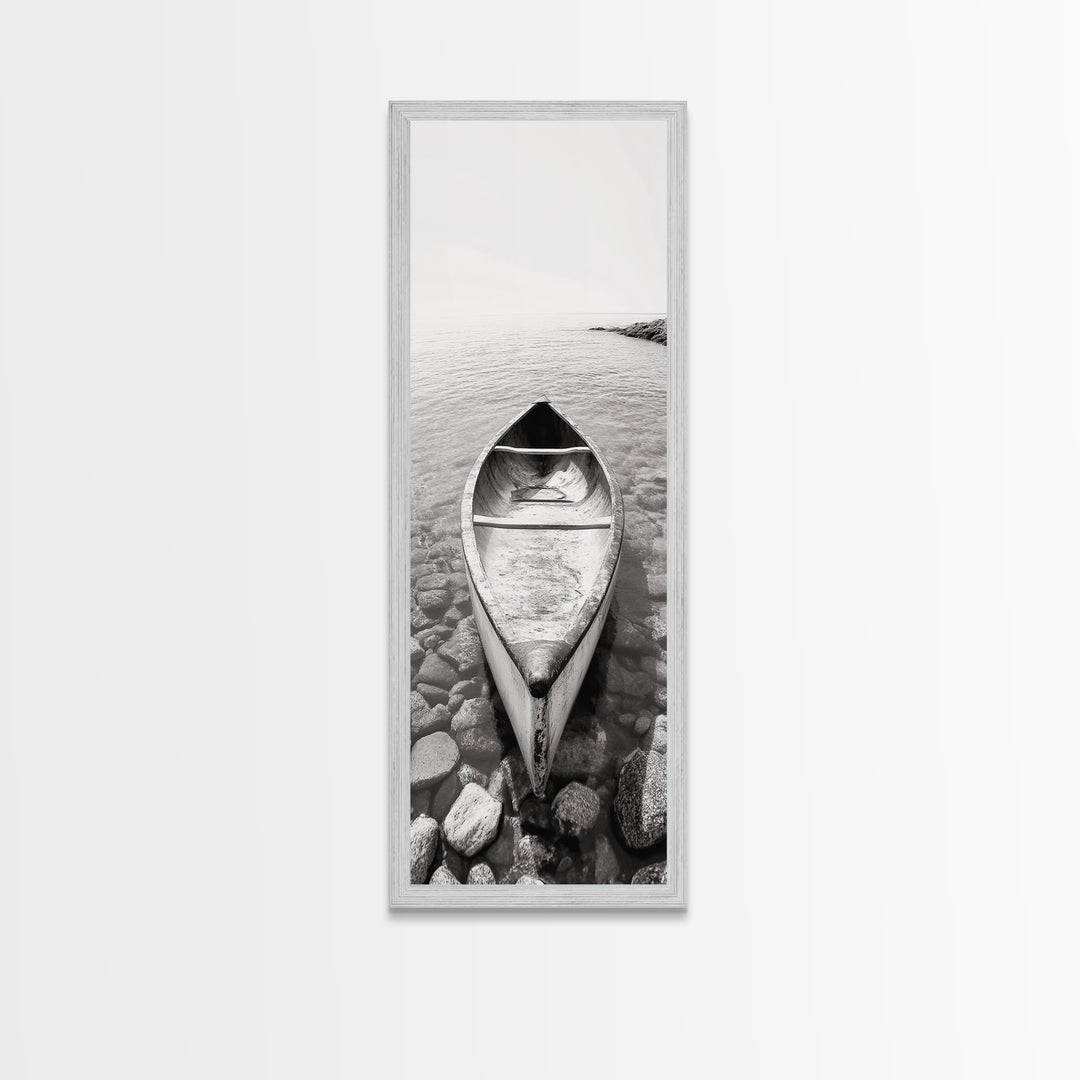 Rowboat Stillness, Peaceful Waters, Lake Canoe, Canvas Print, Entryway Wall Art, Minimalist Home Decor, Black and White Photography