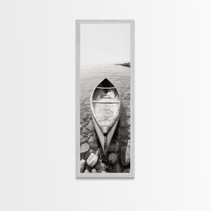 Rowboat Stillness, Peaceful Waters, Lake Canoe, Canvas Print, Entryway Wall Art, Minimalist Home Decor, Black and White Photography