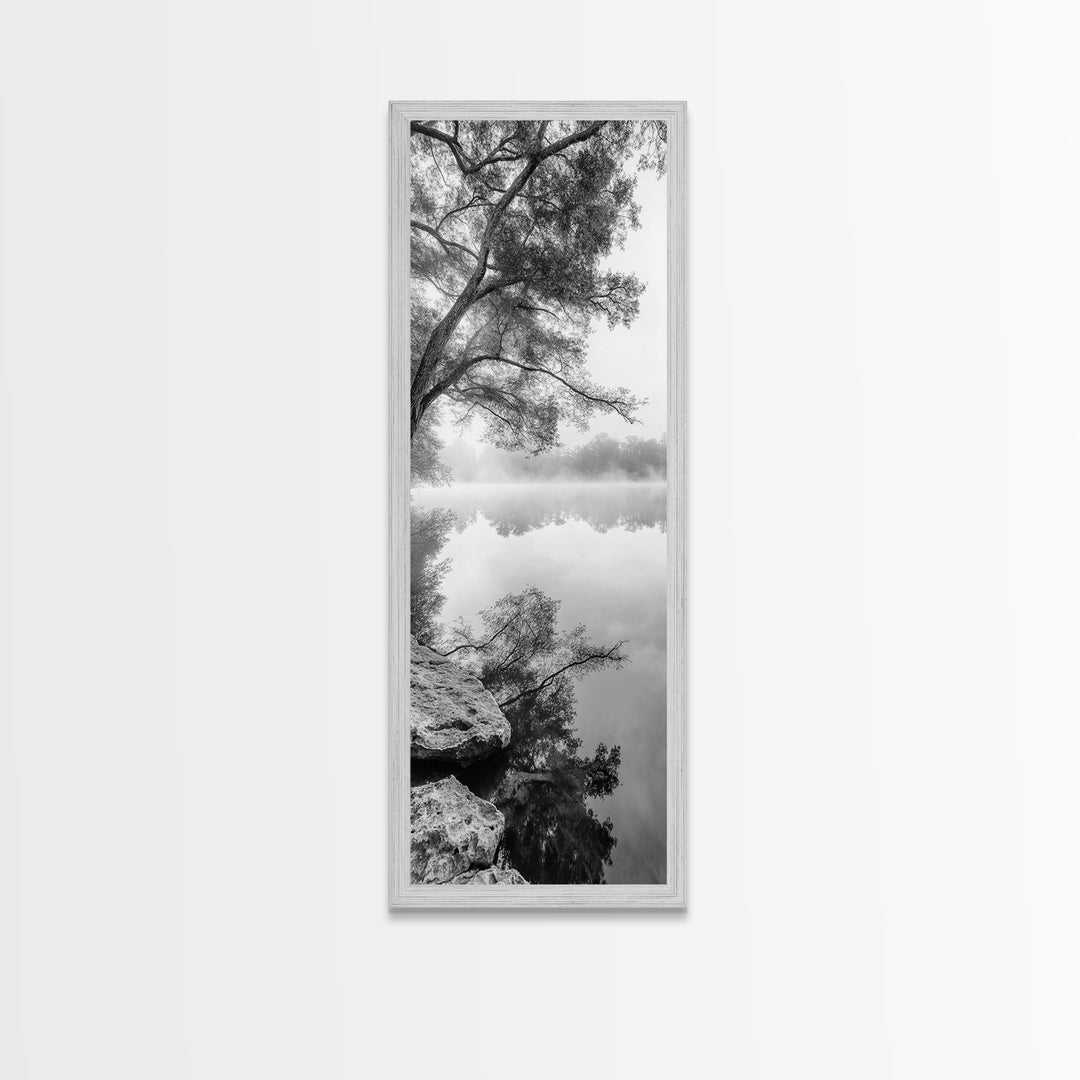 Misty Lake, Tree Reflection, Tranquil Morning, Framed Canvas Print, Bedroom Wall Art, Serene Nature Photography, Minimalist Art Style