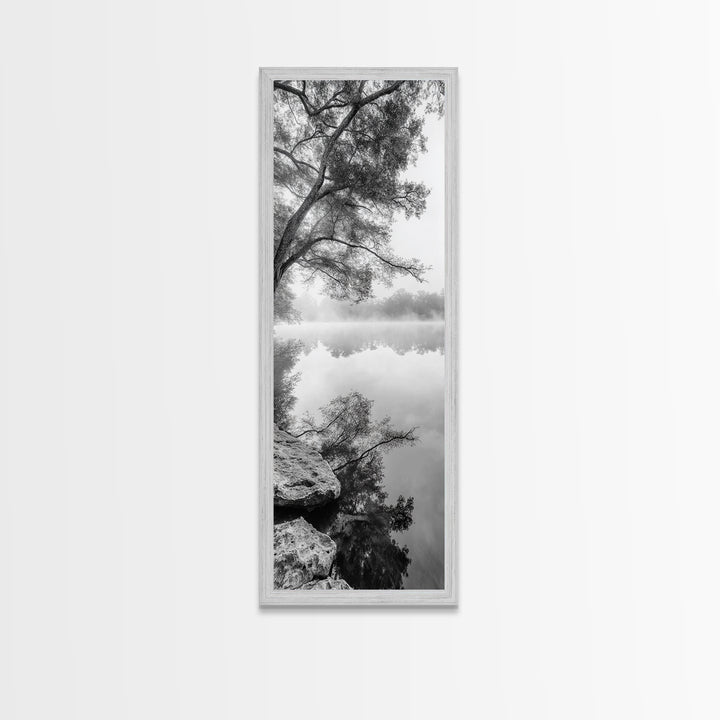 Misty Lake, Tree Reflection, Tranquil Morning, Framed Canvas Print, Bedroom Wall Art, Serene Nature Photography, Minimalist Art Style