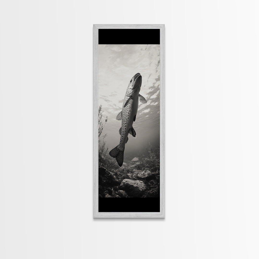 Rising Trout, Underwater Fish, Nature Close-Up, Canvas Print, Cabin Wall Art, Rustic Decor, Fishing Lover Gift, Black and White Art