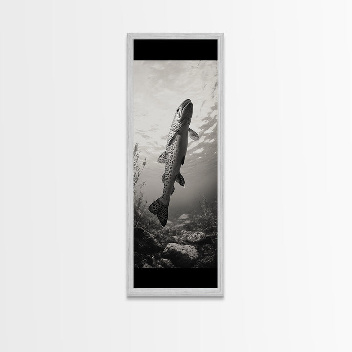 Rising Trout, Underwater Fish, Nature Close-Up, Canvas Print, Cabin Wall Art, Rustic Decor, Fishing Lover Gift, Black and White Art