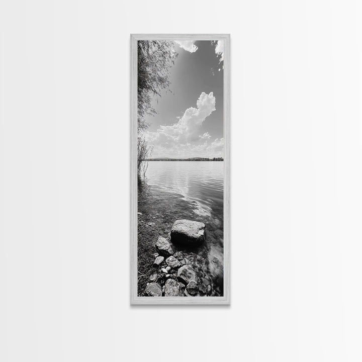 Peaceful Lake, Cloud Reflection, Shoreline Stones, Framed Canvas Print, Guest Room Wall Art, Nature Inspired Decor, Minimalist Landscape