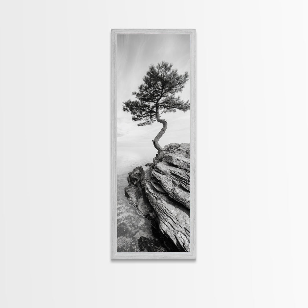 Lone Pine Tree, Minimal Nature, Tranquil Cliff Scene, Zen Forest Print, Framed Canvas Print, Japandi Wall Art, Entryway Tree Print, Nature Minimalism