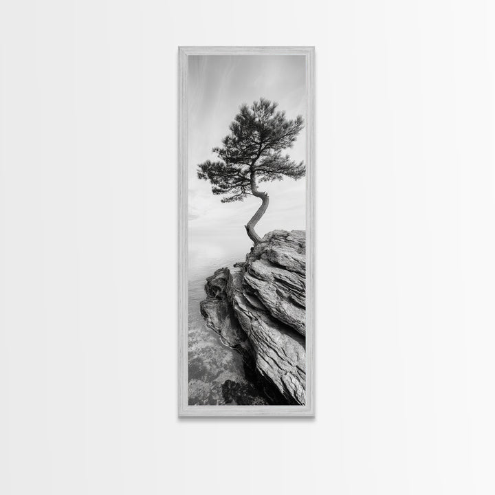 Lone Pine Tree, Minimal Nature, Tranquil Cliff Scene, Zen Forest Print, Framed Canvas Print, Japandi Wall Art, Entryway Tree Print, Nature Minimalism