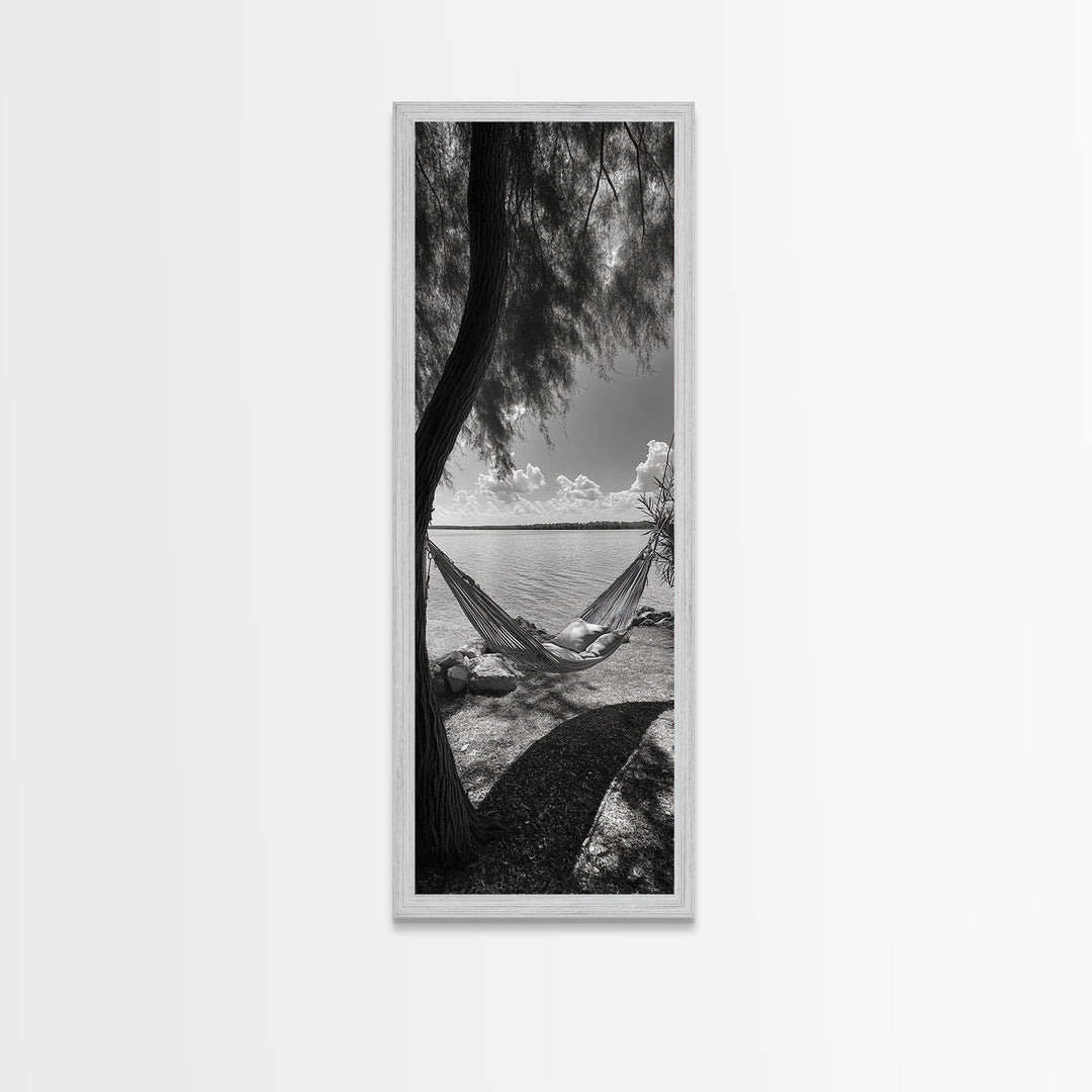 Hammock Dreams, Coastal Rest, Lakeside Retreat, Chill Vibes, Framed Canvas Print, Boho Wall Art, Serene Bedroom Art, Relaxation Inspired Decor