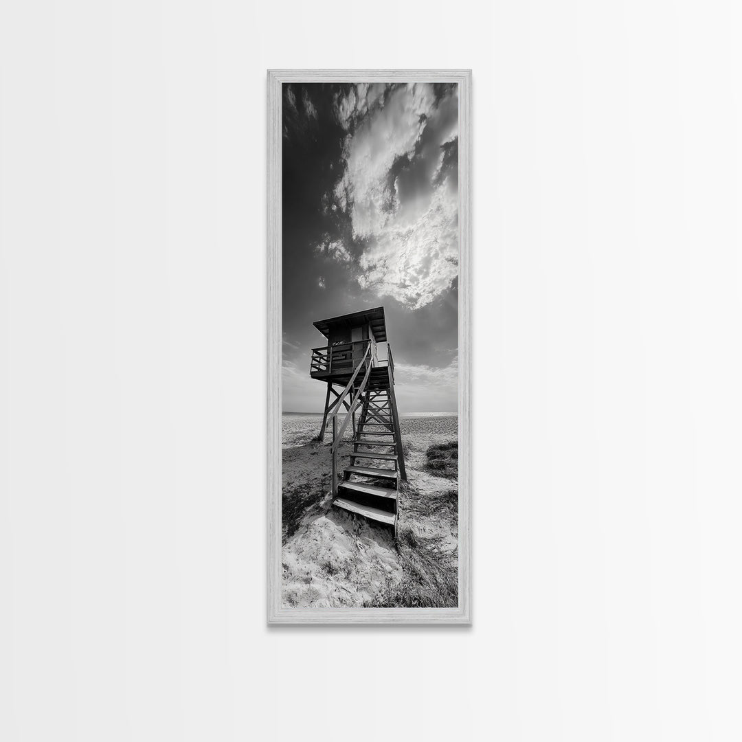 Lifeguard Tower, Beach Vibes, Ocean Escape, Dramatic Sky, Framed Canvas Print, Surf Shack Decor, Coastal Bedroom Wall Art, Minimal Beach Art