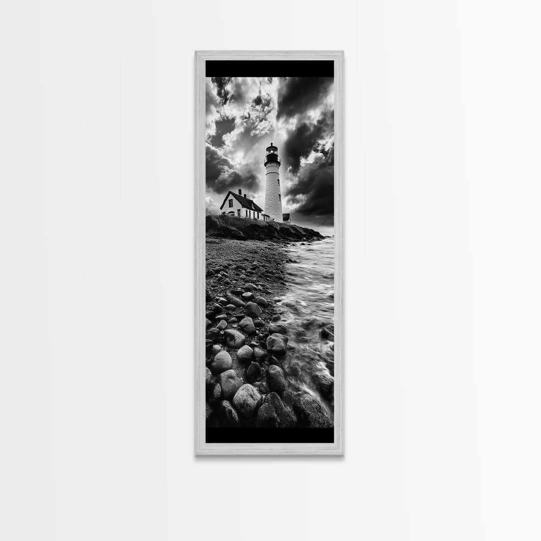 Lighthouse Drama, Coastal Storm, Rocky Shoreline Scene, Moody Ocean Sky, Framed Canvas Print, Nautical Living Room Wall Art, Black White Art