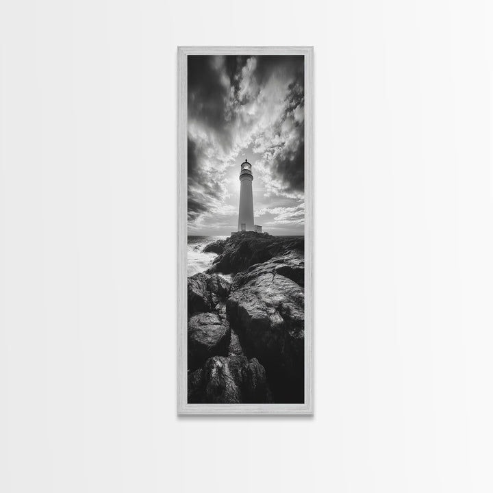 Coastal Beacon, Nautical Light, Ocean Landscape, Sunset Sky, Lighthouse Photography Framed Canvas Print, Living Room Nautical Wall Art