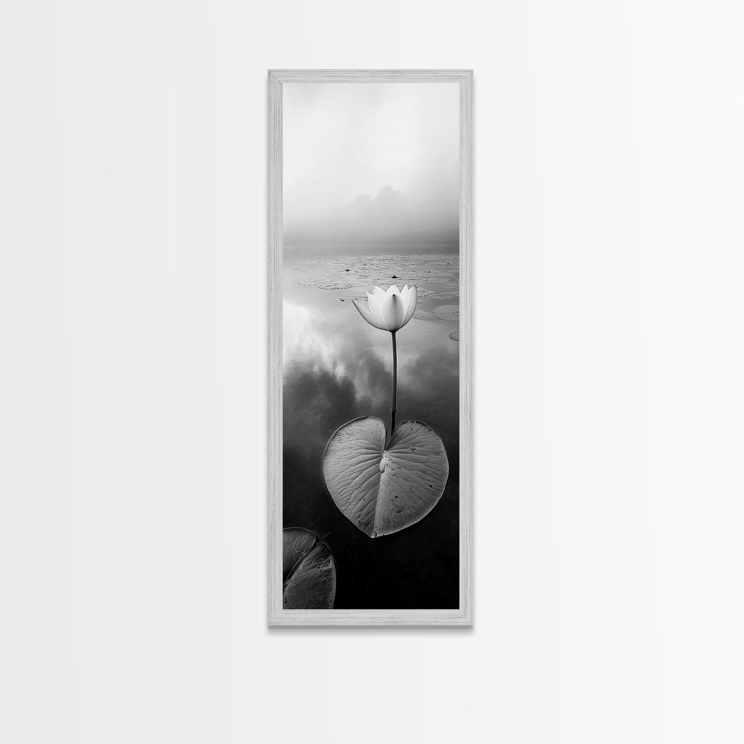 Minimalist Lotus, Zen Flower, Misty Pond, Tranquil Nature, Monochrome Botanical Framed Canvas Print, Bedroom Meditation Wall Decor