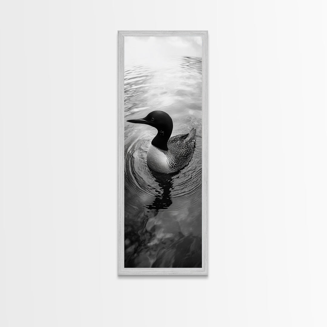 Water Loon, Lake Bird, Floating Wildlife, Nature Stillness, Serene Waterfowl Framed Canvas Print, Cabin Wall Art Rustic Lakehouse Decor
