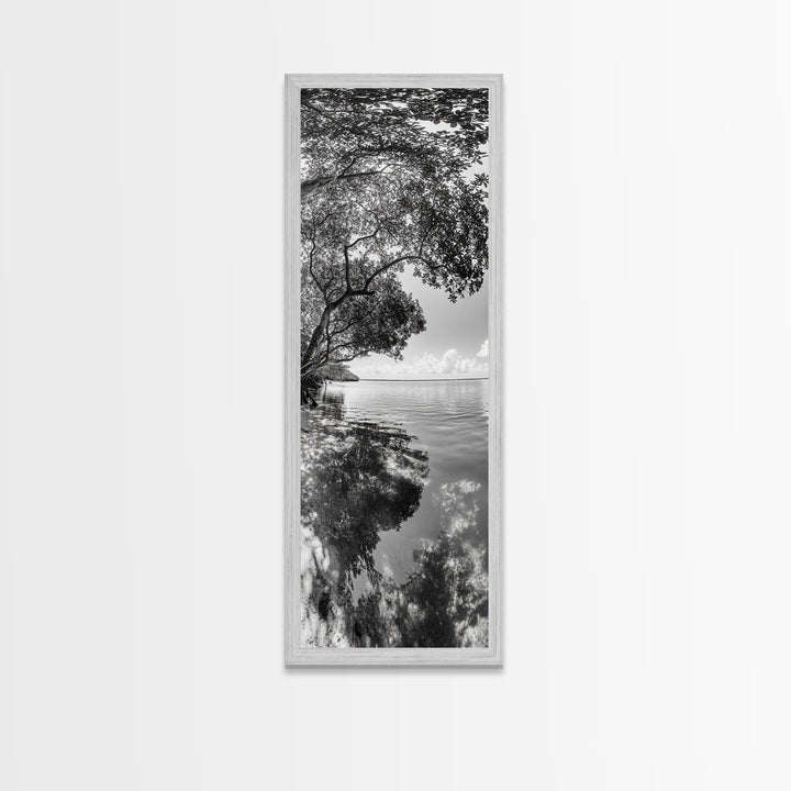 Mangrove Shoreline, Tree Reflections, Still Waters, Tranquil Escape, Black White Nature Framed Canvas Print, Zen Wall Art Entryway Decor
