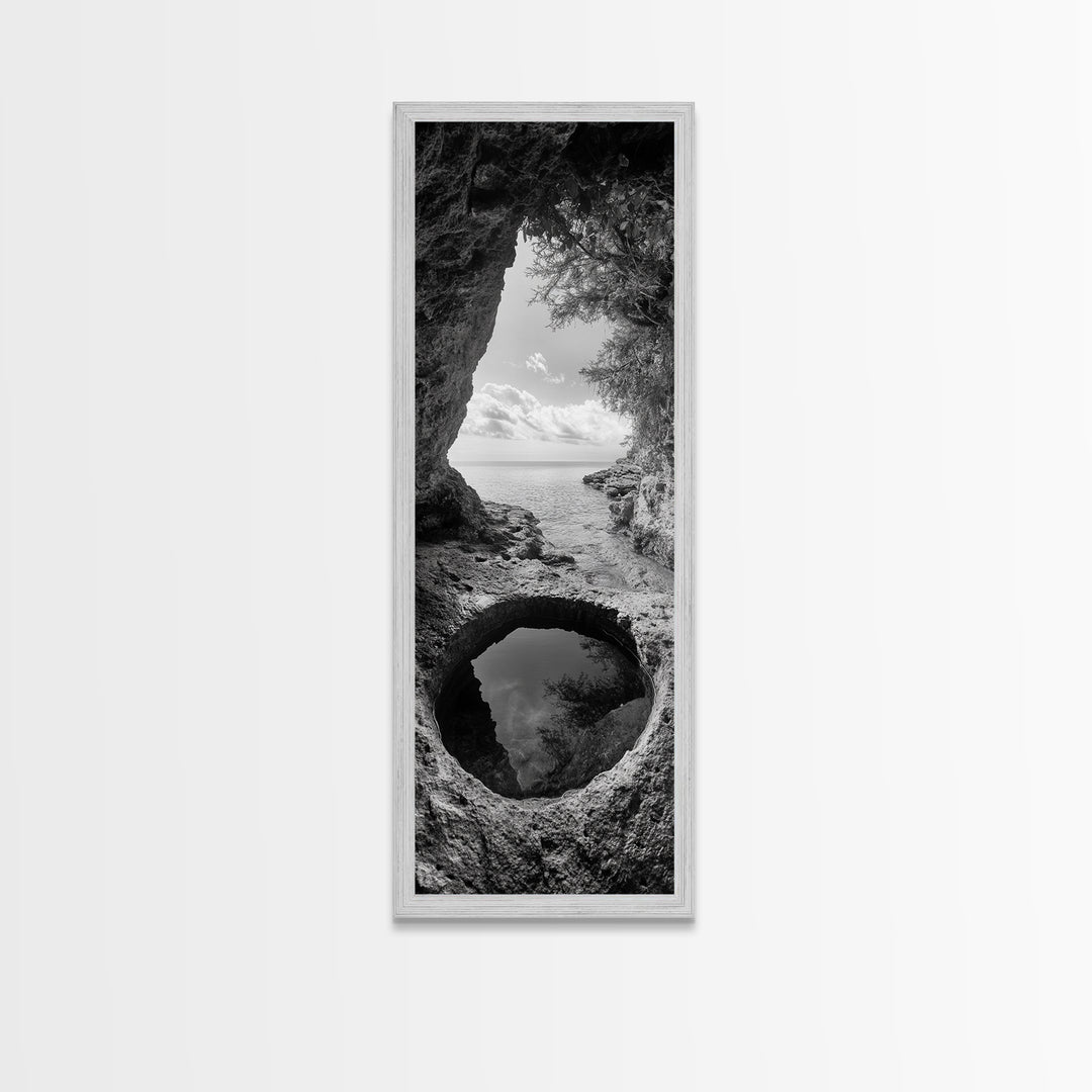 Ocean Cave, Coastal View, Natural Tide Pool, Canvas Print, Bathroom Wall Art, Seaside Decor, Minimalist Landscape, Black and White Art
