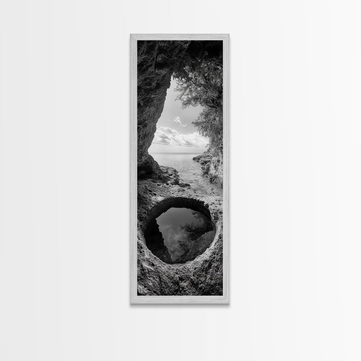 Ocean Cave, Coastal View, Natural Tide Pool, Canvas Print, Bathroom Wall Art, Seaside Decor, Minimalist Landscape, Black and White Art