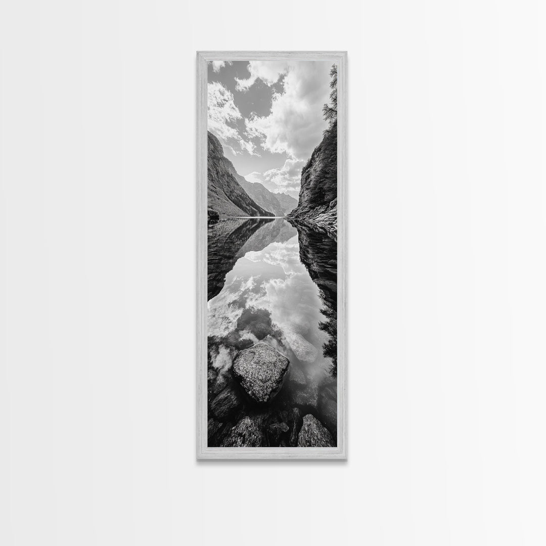 Reflective Lake, Cloud Mirror, Mountain Calm, Canvas Print, Serene Bedroom Wall Art, Nature Tranquility, Scandinavian Landscape Style