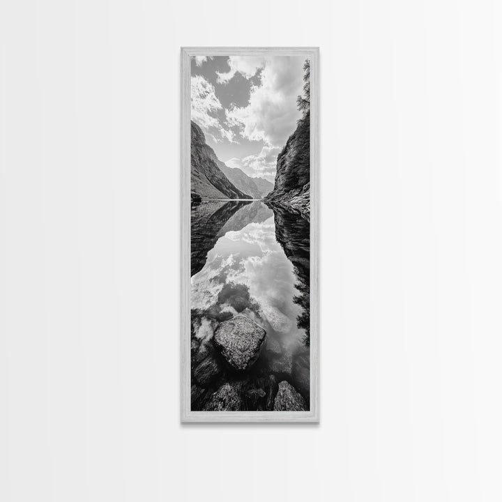 Reflective Lake, Cloud Mirror, Mountain Calm, Canvas Print, Serene Bedroom Wall Art, Nature Tranquility, Scandinavian Landscape Style