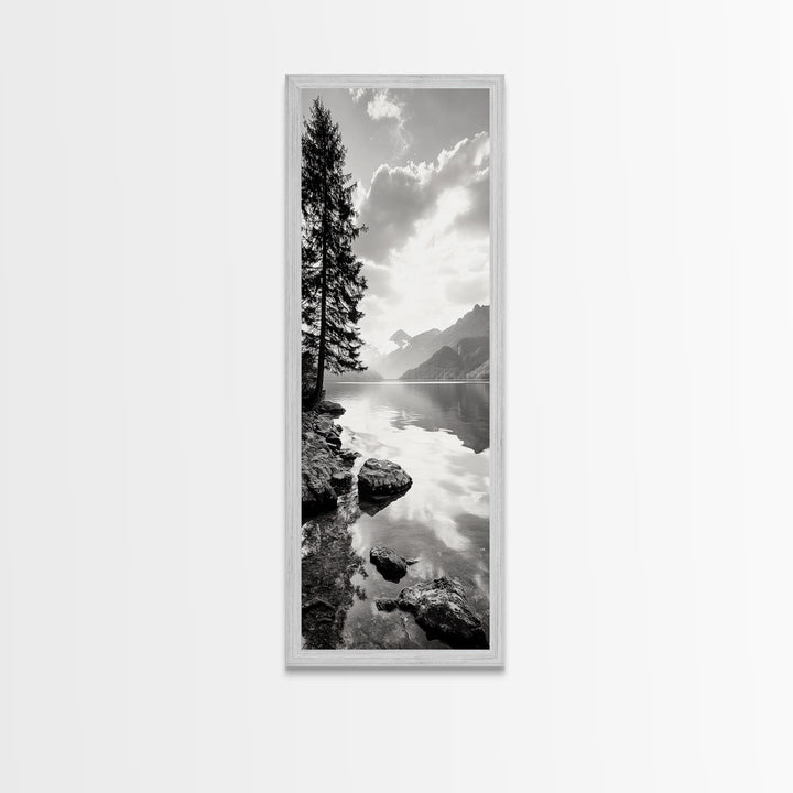 Mountain Lake Peace, Still Water View, Nature Escape, Framed Canvas Print, Living Room Wall Art, Nordic Cabin Decor, Minimal Landscape