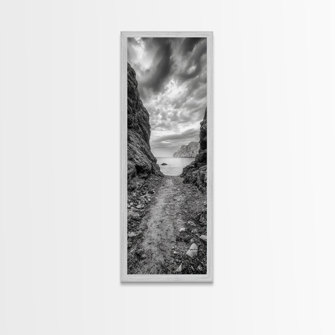 Rocky Pathway, Seaside Trail, Cloudy Horizon, Framed Canvas Print, Moody Coastal Wall Art, Nature Inspired, Monochrome Travel Decor