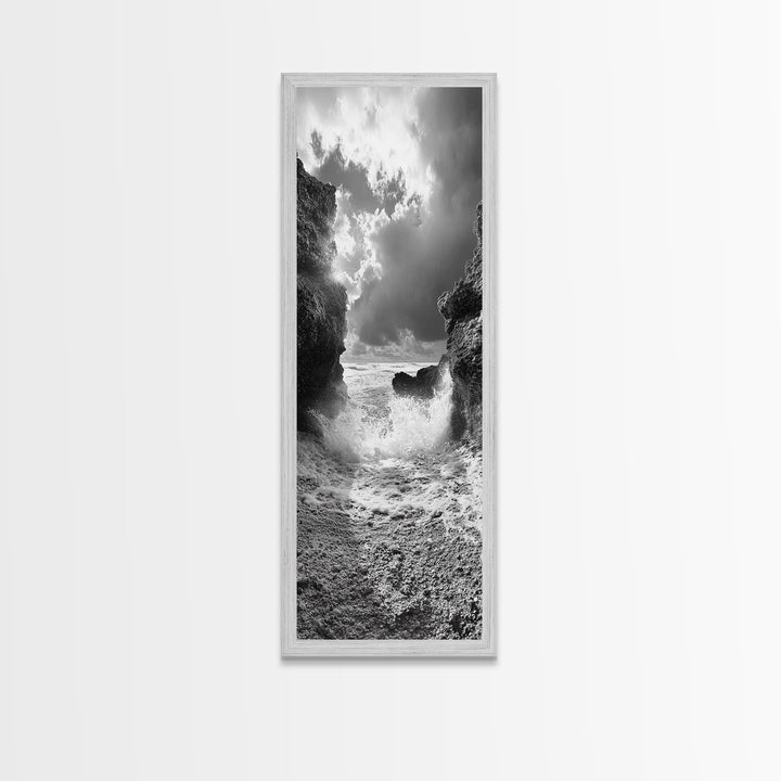 Wave Crash Rocks, Ocean Drama Scene, Moody Beach Photography, Coastal Kitchen Decor, Framed Canvas Print, Nautical Wall Art