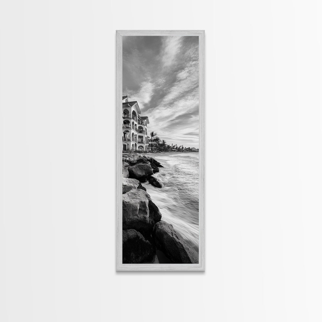 Coastal Resort Scene, Waves Rocks Hotel, Tropical Vacation Art, Beach House Wall Decor, Canvas Print, Living Room Style, Coastal Minimalist