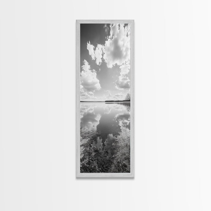 Lake Reflection, Calm Waters, Cloudy Sky, Minimalist Landscape, Framed Canvas Print, Neutral Living Room Art, Tranquil Nature Scene