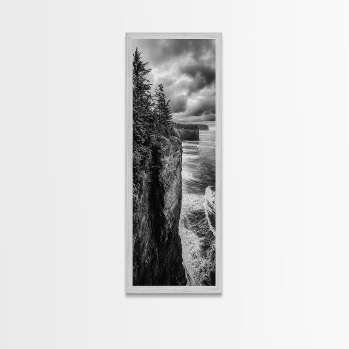 Cliff Coastline, Moody Ocean, Pine Trees, Dramatic Nature Scene, Canvas Print, Cabin Wall Art, Fall Coastal Photography, Rustic Decor