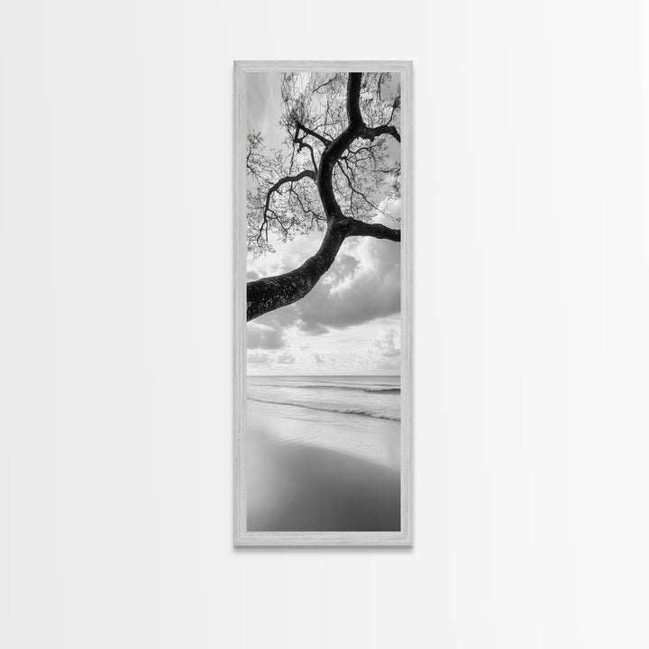 Ocean Tree View, Beach Horizon, Minimal Branches, Framed Canvas Print, Coastal Living Room Art, Neutral Decor, Zen Nature Photography