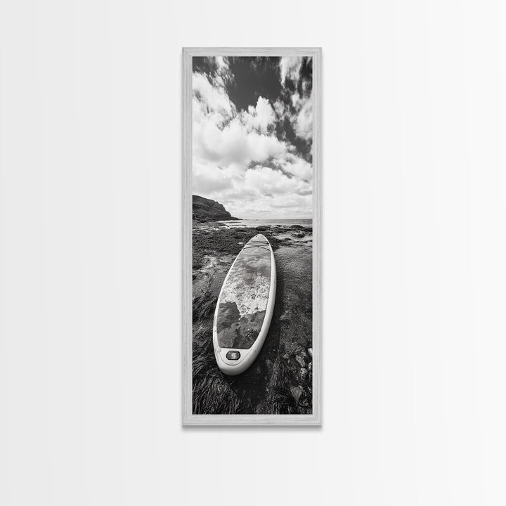 Surfboard Still, Rocky Shore, Beach Vibes, Framed Canvas Print, Coastal Bathroom Wall Art, Minimalist Beach Decor, Summer Style