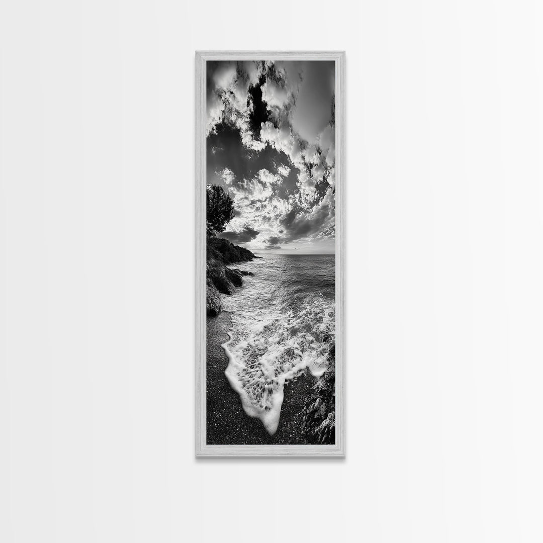 Rocky Coastline, Ocean Foam, Sunset Glow, Framed Canvas Print, Nautical Wall Art, Beach House Decor, Moody Seascape Photography