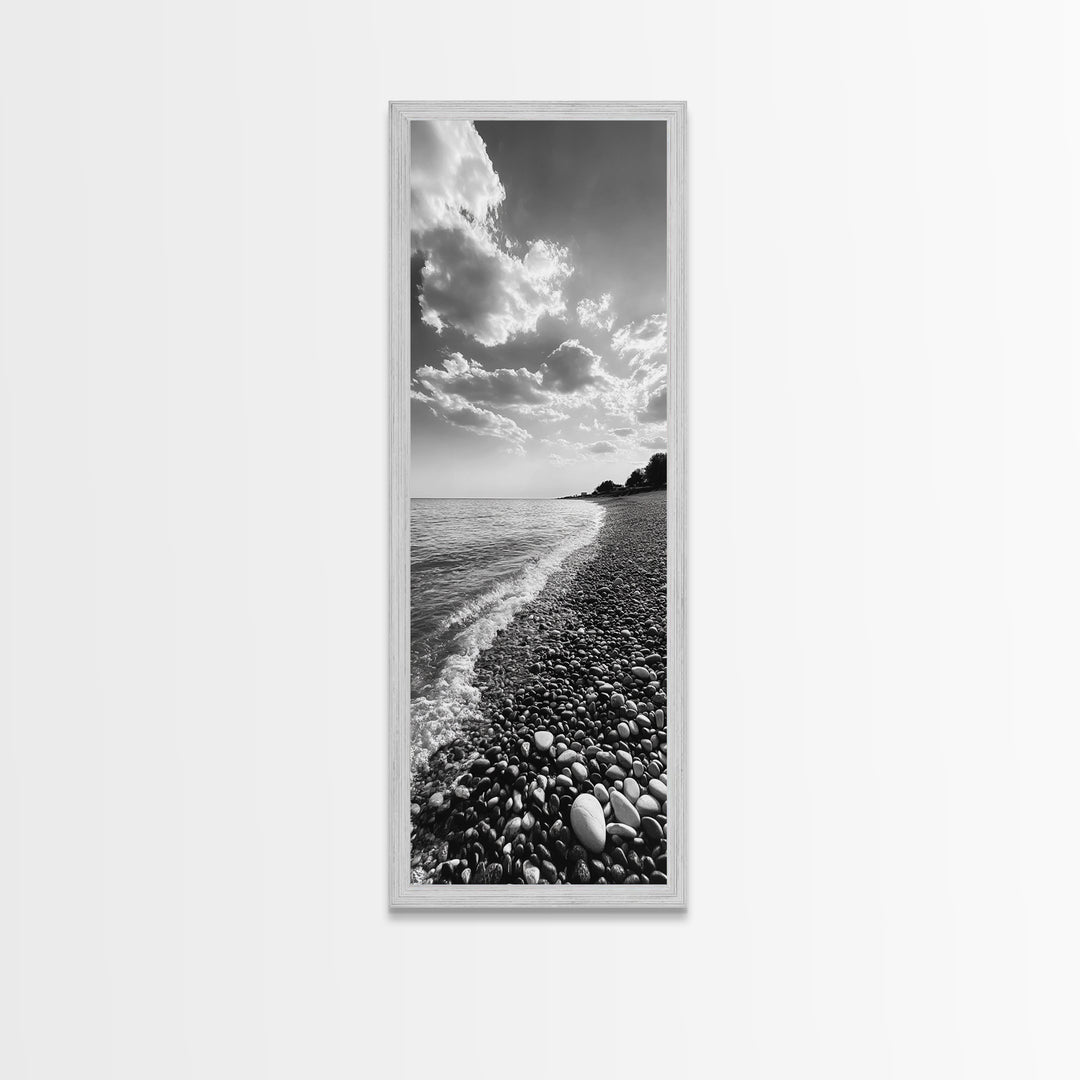 Pebble Beach, Gentle Waves, Coastal Calm, Framed Canvas Print, Minimalist Bathroom Wall Art, Nature Texture Decor, Seaside Zen, Office Wall Art