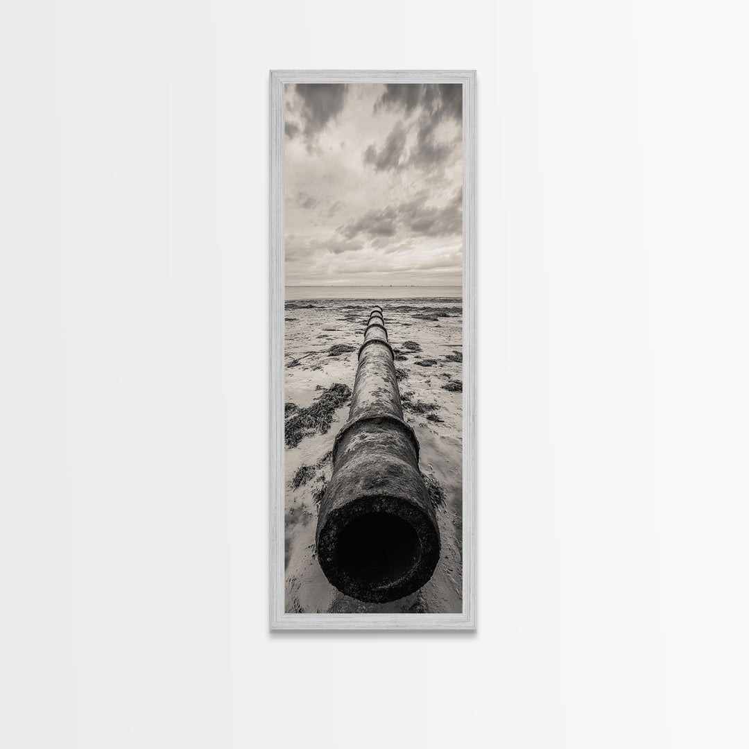 Rusted Pipe Beach, Industrial Coastal Vibe, Grunge Seascape, Framed Canvas Print, Urban Loft Art, Bathroom Wall Art, Office Wall Art
