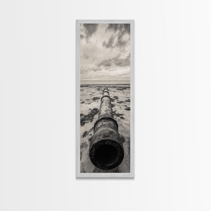 Rusted Pipe Beach, Industrial Coastal Vibe, Grunge Seascape, Framed Canvas Print, Urban Loft Art, Bathroom Wall Art, Office Wall Art