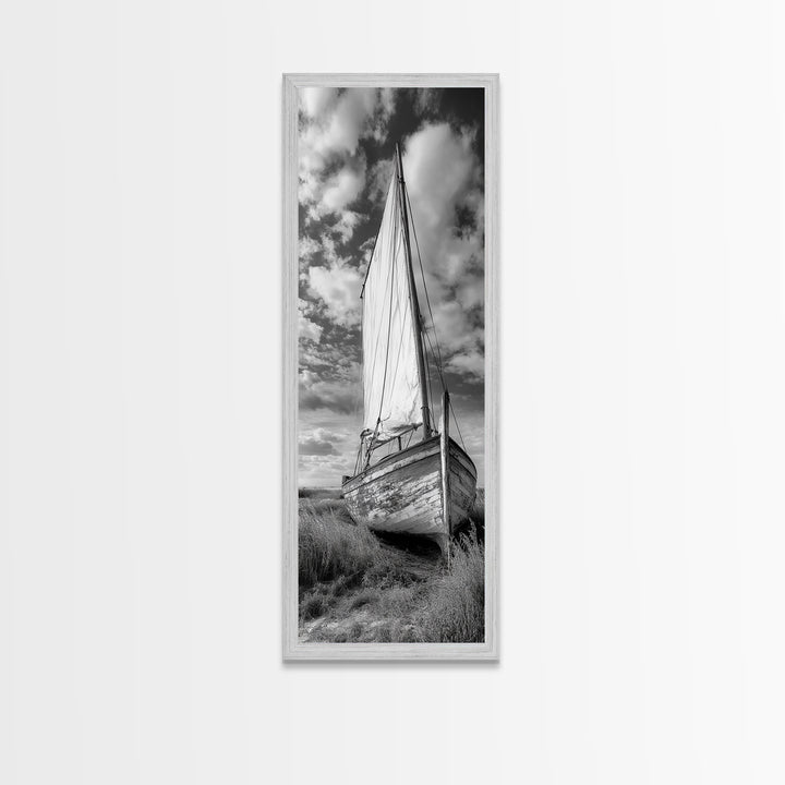 Weathered Sailboat Scene, Coastal Rustic Charm, Seafaring Wall Decor, Framed Canvas Print, Nautical Bathroom or Hallway Art, Ocean Decor