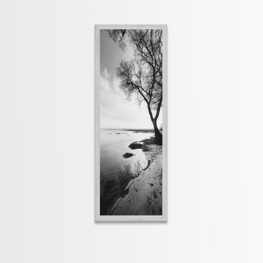 Bare Tree Reflection, Minimal Winter Shoreline, Calm Monochrome Art, Framed Canvas Print, Scandinavian Living Room Art, Bathroom Art