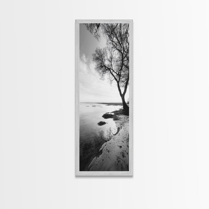 Bare Tree Reflection, Minimal Winter Shoreline, Calm Monochrome Art, Framed Canvas Print, Scandinavian Living Room Art, Bathroom Art